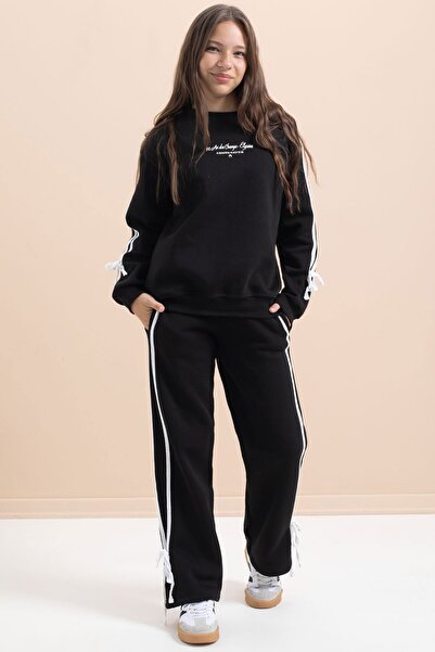 Cansın Mini Black Girl's Stripe Detailed 3-Thread Raster Suit 21513