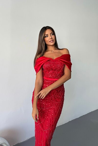 İyem Abiye Kayık Yaka Pano Desen Midi Boy Abiye Elbise Dar Kalıp