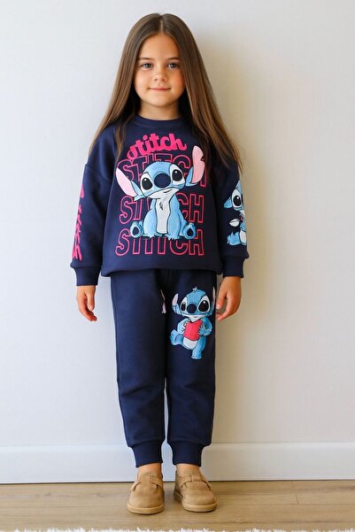 KOKOŞ BEBEK Navy Blue Stitch Printed Children's Tracksuit Set – Age 3/10