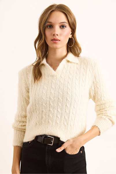 Olalook Women's Ecru Polo Neck Hair Braided Crop Beard Blouse Blz-19003094