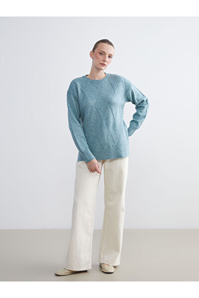 LC Waikiki Blue Crew Neck Self-Patterned Women's Knitwear Sweater