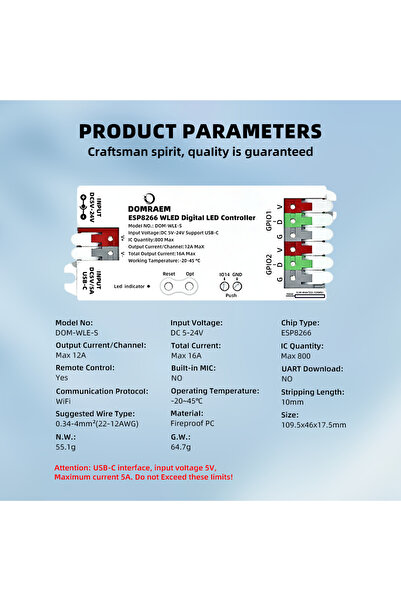Choice وحدة تحكم LED WLED ESP8266 وحدة تحكم LED WLED جهاز تخفيت ذكي DC12V 800...