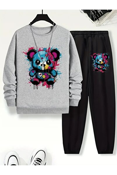 SVART WEAR Children's Printed Crew Neck Sweatshirt and Sweatpants Set 3 Thread Raster for Autumn/Winter