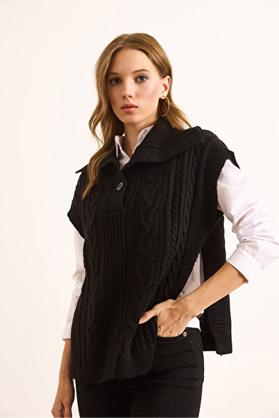 Olalook Women's Black Wide Collar Buttoned Knitwear Sweater Svt-00000050