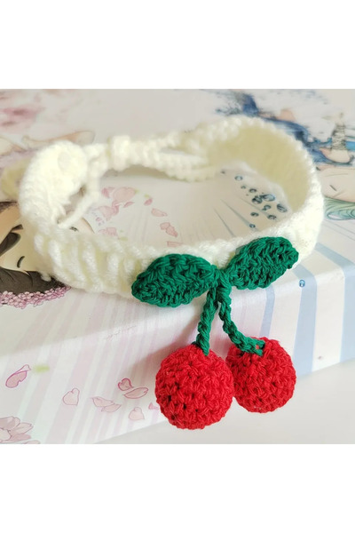 Choice طوق أبيض للحيوانات الأليفة طوق قطط محبوك يدويًا مع زخرفة كرز قلادة قطط لطيفة مستلزمات القطط ошейни