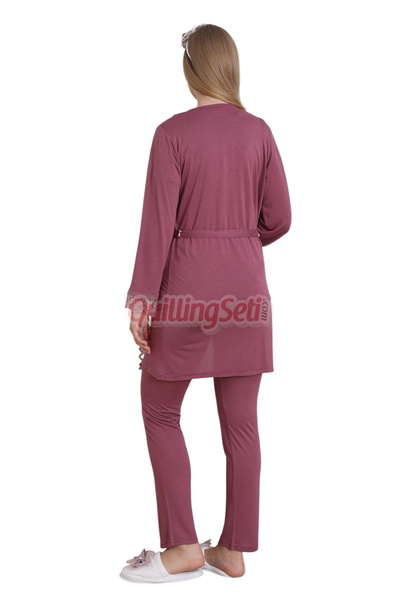 quilling 3-Piece Cherry-Colored Maternity - Pregnancy Pajama Set with Robe and Lace Detailing 3430