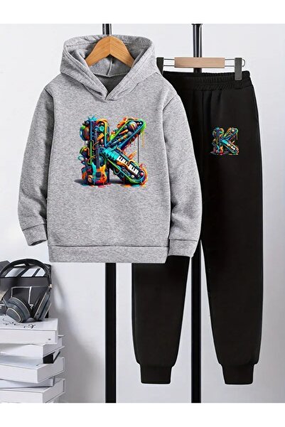 Cevval Children's Printed Hooded Sweatshirt and Sweatpants Set 3 Thread Raster for Autumn/Winter