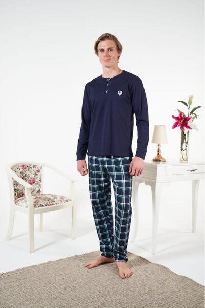 Estiva Men's Winter Plaid Combed Cotton Single Jersey Pajama Set Navy Blue