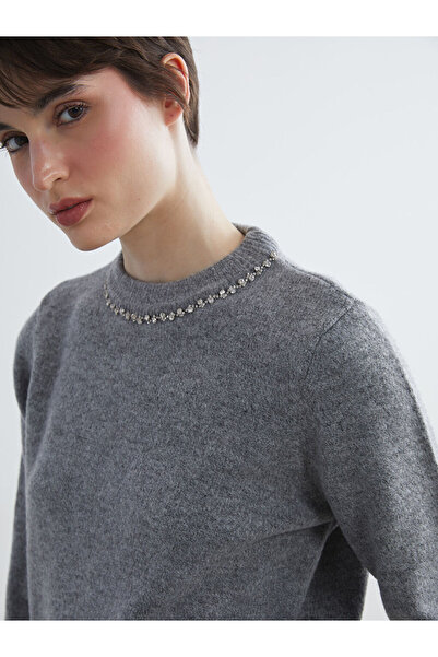 LC Waikiki Anthracite Crew Neck Stone Women's Knit Sweater