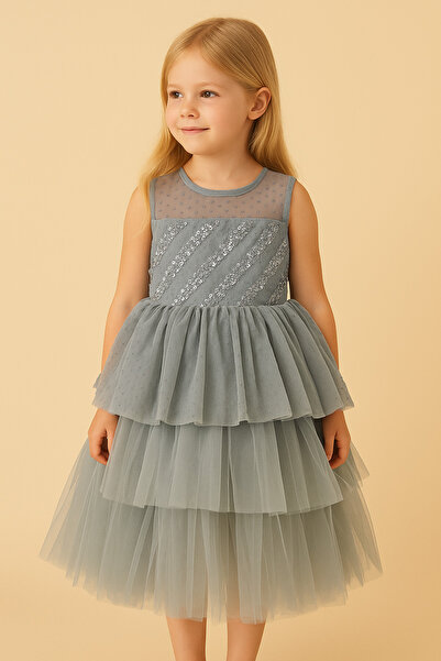 KOKOŞ BEBEK Girl's Flower Detailed Glittery Tulle Dress