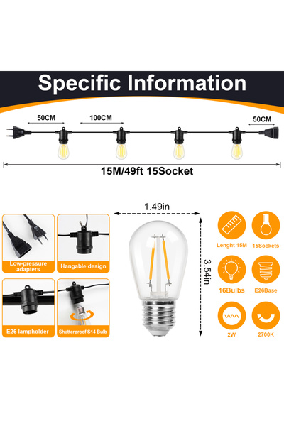 Choice 2W E27 قابس EU 49FT (15M) 15BULB LED S14 سلسلة أضواء للخارج E27 220V ق...