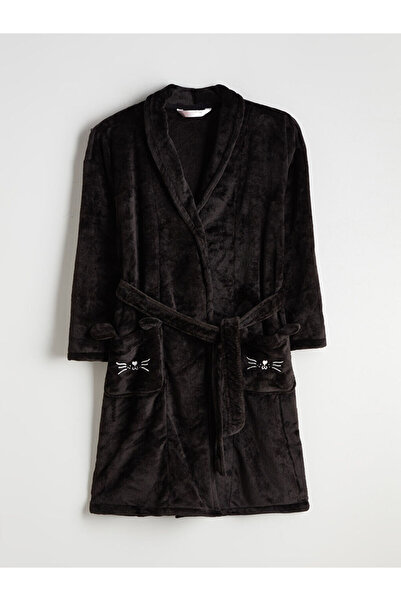 LC Waikiki Black Double-Breasted Collar Plush Women's Dressing Gown