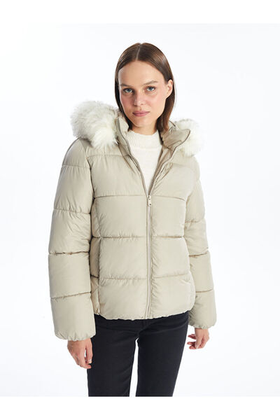 LC Waikiki Ecru Women's Hooded Plain Puffer Coat