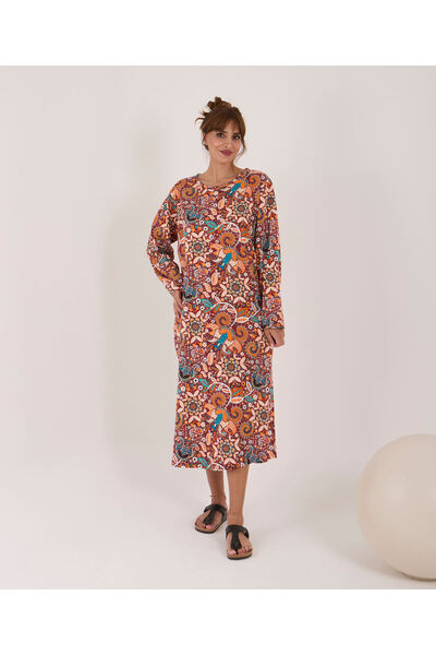 AYSUN TEKSTİL 100% Cotton Oversized Printed Cycling Collar Long Sleeve Home Dress