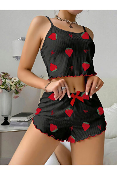Lily Bianca Midnight Bliss Pijama Takımı: Siyah Çilek Desenli Şortlu Set