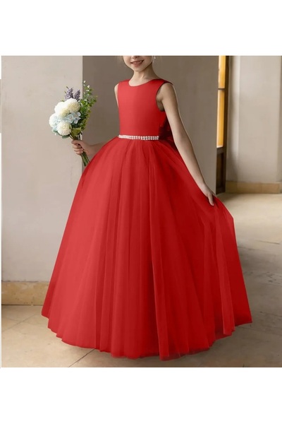 MadyaButik Tulle Ball Gown/Princess Dress with Pearls and Satin Bow