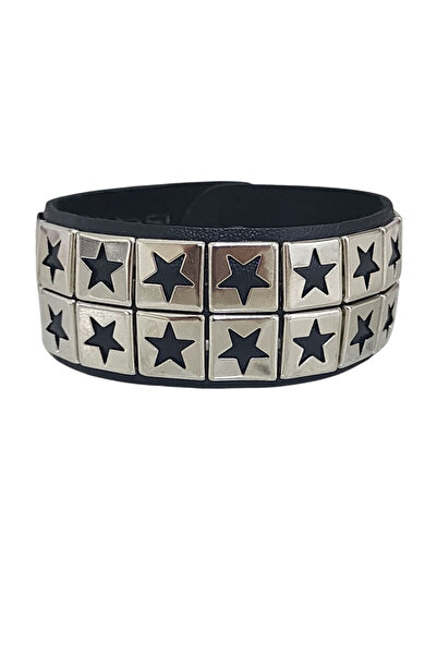 METAL YILDIZ PERÇİN DETAYLI SUNİ DERİ GOTİK PUNK ROCK UNİSEX BİLEKLİK