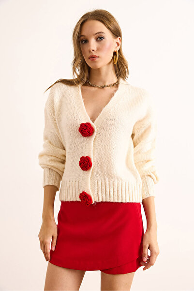 Olalook Women's Cream Rose Accessory Soft Textured Knitwear Cardigan Hrk-19000379