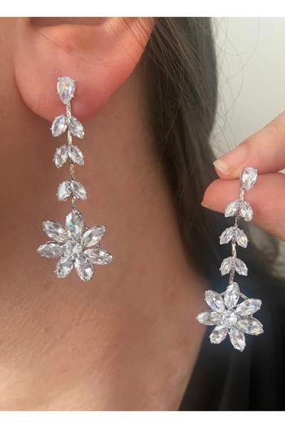 ER TAKI Stoned Silver Color Flower Model Stylish Party Engagement Henna Wedding Wedding Evening Dress Earrings