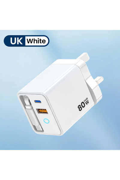 Choice شاحن هاتف USB أبيض من نوع C فائق السرعة بقوة 80 وات مع كابل USB C تلسكوبي لأجهزة iPhone 16 و 15