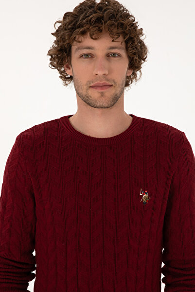 U.S. Polo Assn. Men's Slim Fit Crew Neck Patterned Burgundy Sweater 50307836-Vr014