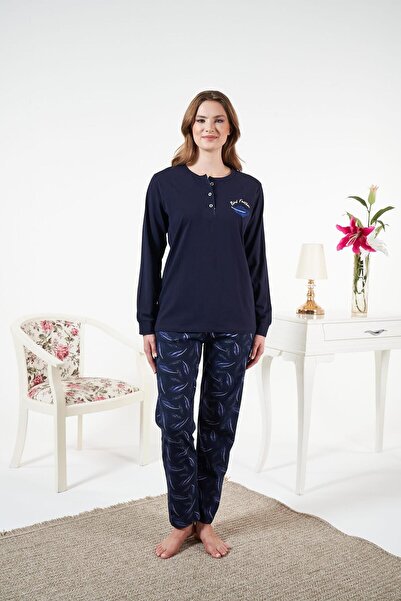 Estiva Women's Winter Patchwork Patterned Combed Cotton Lycra Pajama Set Navy Blue