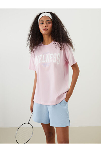 LC Waikiki Tricou sport pentru femei, roz, cu imprimeu și guler tip bicicletă