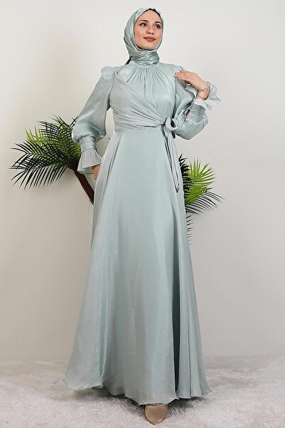 GİYZAMİLA Fiyonk Detay İpek Abiye Su Yeşil