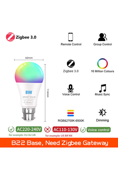 Choice AC 220-240V Zigbee 8W B22 B22 Zigbee مصابيح ذكية 220V Led RGBCW ضوء ال...