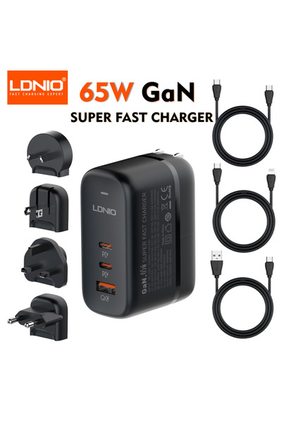 Choice 4 مقابس 3 كابلات LDNIO 65W USB C شاحن شاحن سفر شاحن GaN 3 منافذ محول ق...