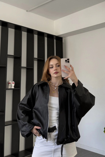 Jaglion Δερμάτινο μπουφάν Luvren PB oversized Bomber με ζώνη