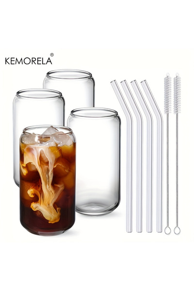 choice2 301-400 مل 4 قطع بدون غطاء KEMORELA 1/4 مجموعة أكواب زجاجية مع غطاء وبدون غطاء قش شفاف