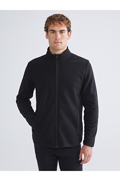 LC Waikiki Black Stand Collar Long Sleeve Fleece Men's Zip-Up Sweatshirt