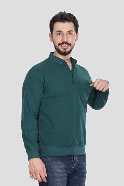 HEDEFNUR TEKSTİL سترة رجالية خضراء بياقة بولو وجيوب ذات تصميم منتظم من نسيج سالونيك المحبوك