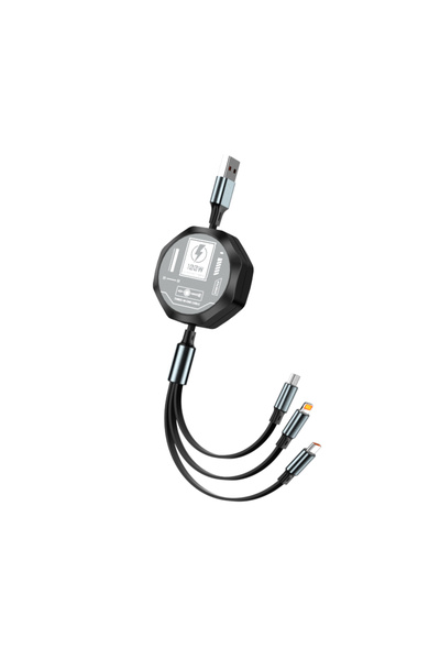 Choice 1.2 متر أسود 3 في 1 قابل للسحب USB 100W كابل الشحن السريع والبيانات Mi...