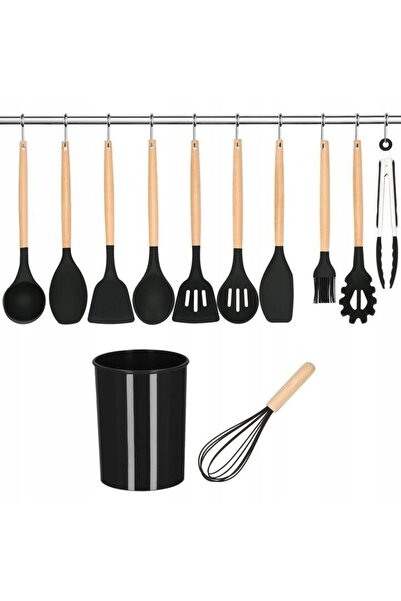 Springos Sada kuchyňského náčiní, silikon a bambus, černá, 12 kusů