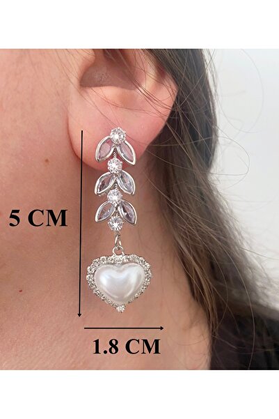 ER TAKI Silver Color Dangle Pearl Heart Model Stylish Party Engagement Henna Wedding Evening Dress Earrings with Stones