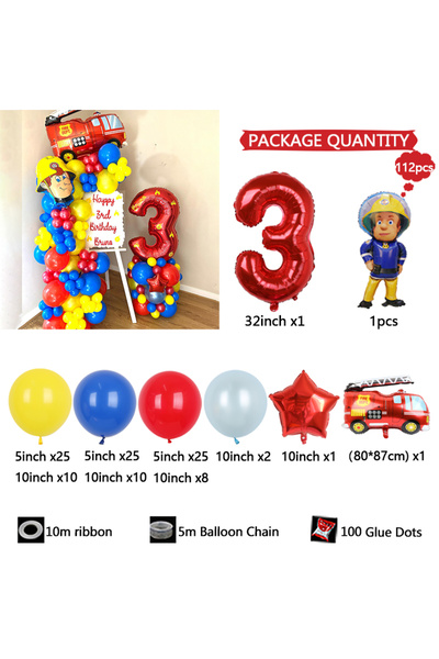 Miniso 32inch 3 112pc/set Sam Fireman Fire Truck Set Digital Aluminum Film Balloon 1-9 suitable for birthda