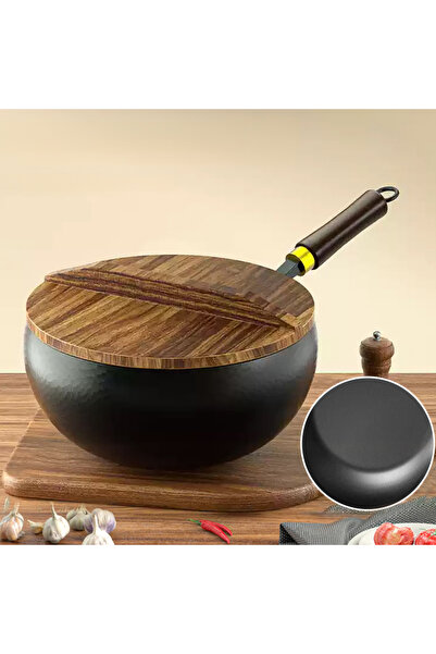 Choice Glossy wooden lid Pure Iron Uncoated Big Belly Pot Handmade Forging No...