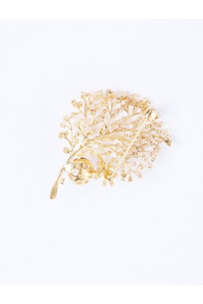 Jimmy Key Altın Rengi İnci Detaylı Yaprak Figürlü Zarif Broş