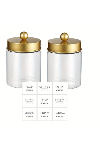 Choice 2pcs Clear Gold Qtip Holder Dispenser - 8 oz Plastic Apothecary Jar Containers for Vanity Makeup Cou