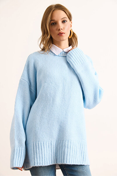 Olalook Pulover tricotat oversize pentru femei, albastru bebeluș, cu bandă groasă, cu gâtul rotund KZK-19000988