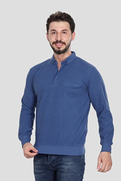 HEDEFNUR TEKSTİL Hanorac albastru pentru bărbați, cu guler polo, cu buzunare, model obișnuit, tricotat Selenik