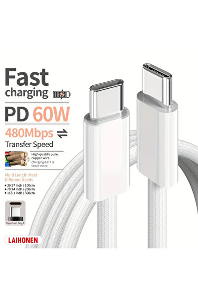 Choice 3 م 1 قطعة Wite Type C 60W كابل شحن سريع لـ iPhone16 15 لـ Samsung 1 م...