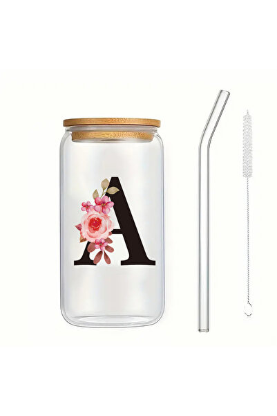 choice2 500ml A Alphabet Flowers Drinking Glass Letter A-Z Iced Coffee Water ...