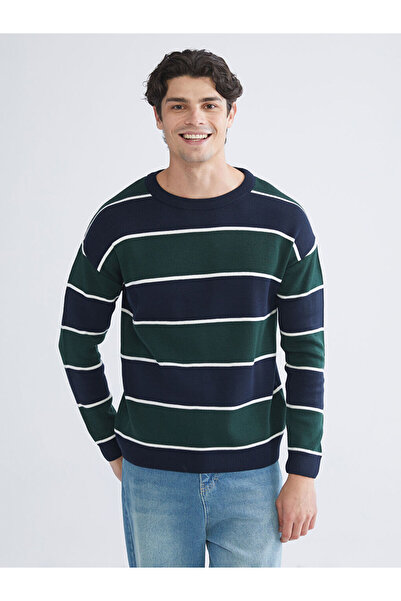LC Waikiki Navy Blue Crew Neck Striped Men's Knitwear Sweater