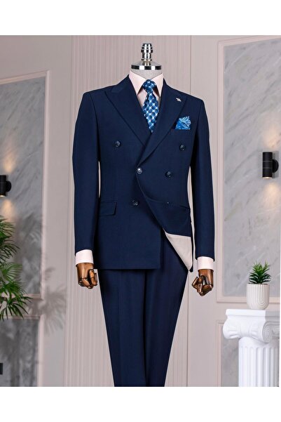 TerziAdemAltun بدلة بنطلون وسترة على الطراز الإيطالي باللون الأزرق الداكن T14083