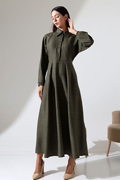 Genel Markalar Kadın Belden Oturtmalı Kendinden Kuşaklı Keten Tesettür Elbise