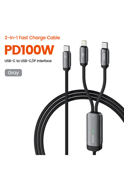 Toocki كابل USB C إلى Type C 2 في 1 من C-C و L Grey بقدرة 100 وات للشحن السري...