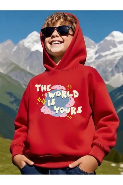 oneagılyazı Printed Casual Hooded Sweatshirt for Boys - "The World Is Yours" ...